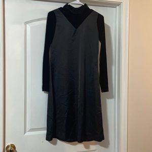 Black Jumper Dress Attached Overall Velvet Silky Mixed Media